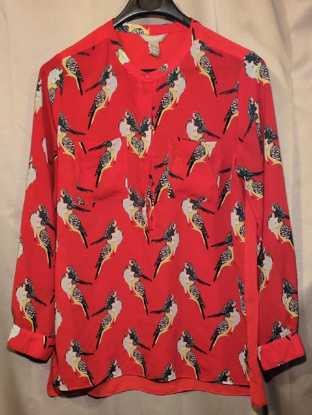 Banana Republic Red Parakeet Budgie Sheer Material Long-Sleeve Blouse
